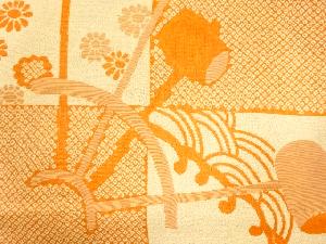 アンティーク　市松に槌車菊桜模様織り出し名古屋帯